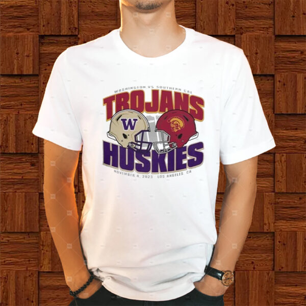 Original Usc Trojans Vs Washington White Huskies Dueling Helmet November 4 2023 Los Angeles Ca Shirt