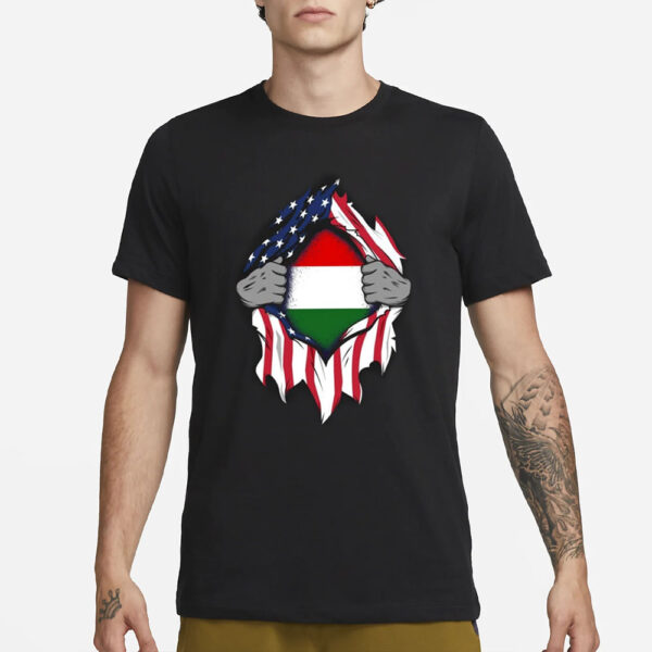 Hungarian American Flags Hands Ripping Flag On Chest T-Shirt1